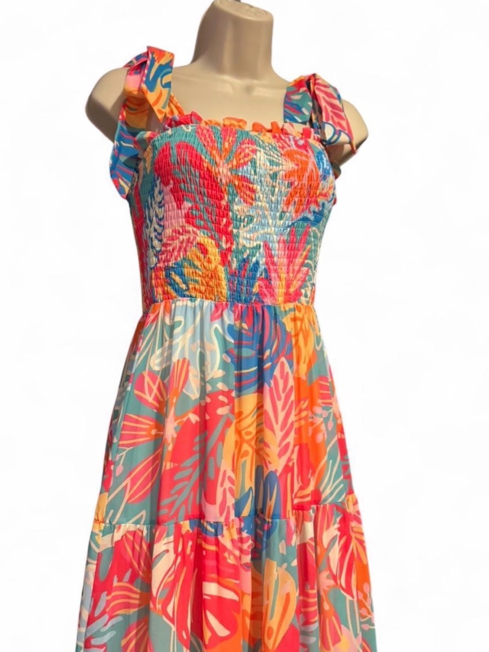 Flying Tomato Tropical Leaf Print Maxi Dress in Orange, Teal & Pink